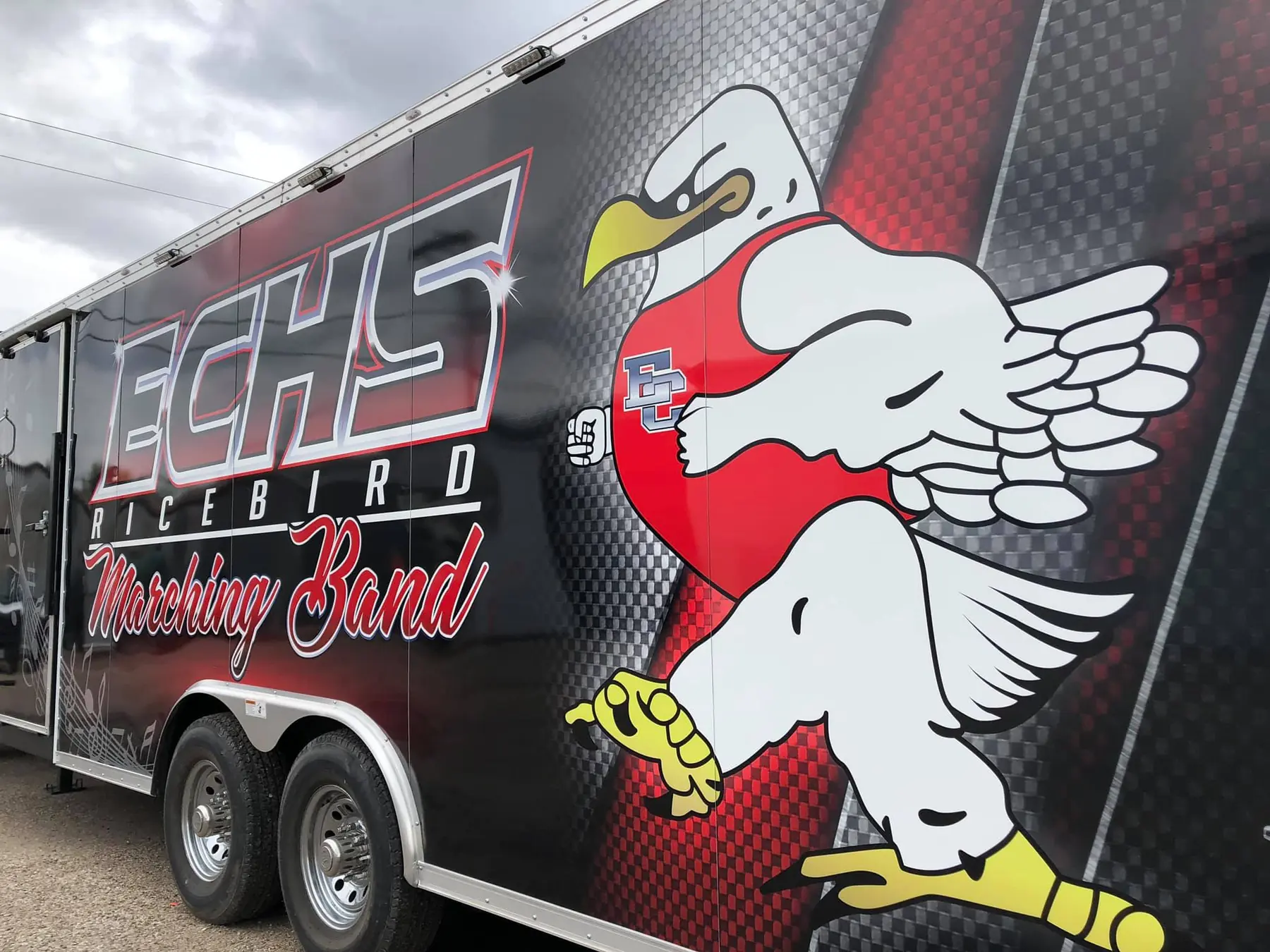Enclosed trailer wrapped for the ECHS Ricebird Marching Band