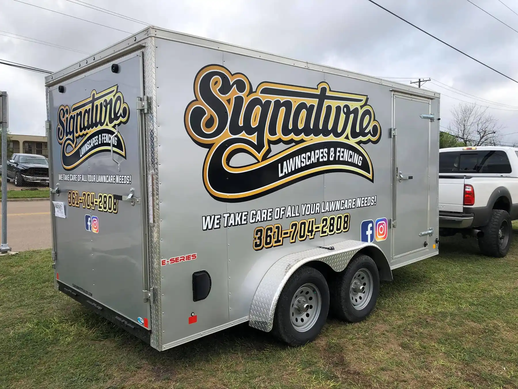 Branded trailer wrap with large business graphics