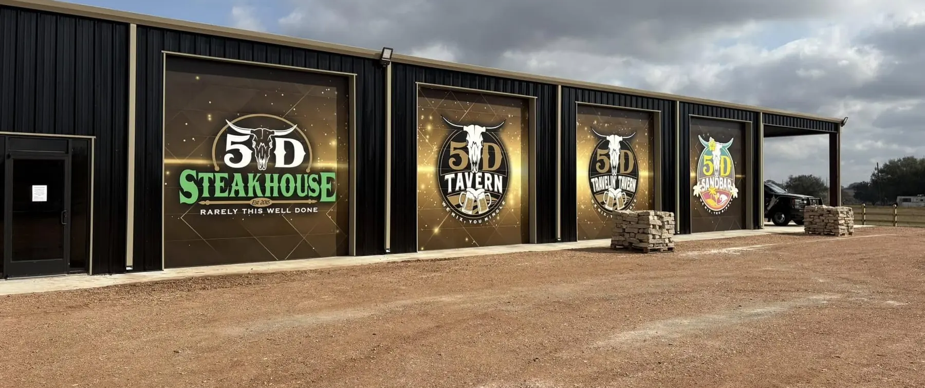 5D Steakhouse building with custom garage-door graphics